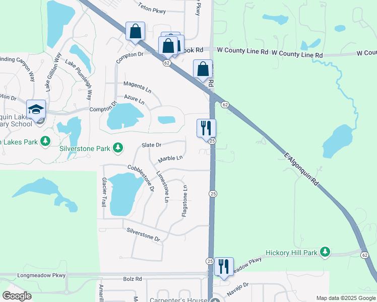 map of restaurants, bars, coffee shops, grocery stores, and more near 6552 Marble Lane in Carpentersville