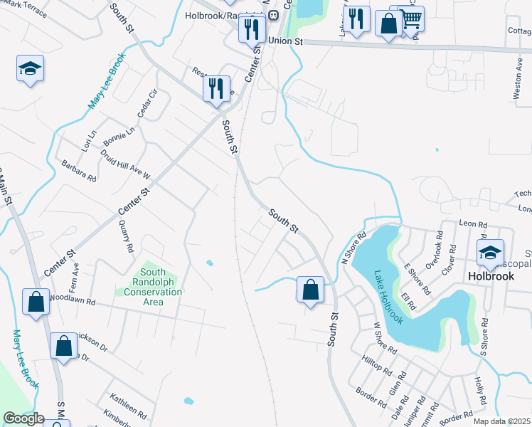 map of restaurants, bars, coffee shops, grocery stores, and more near 14 Orchard Street in Holbrook