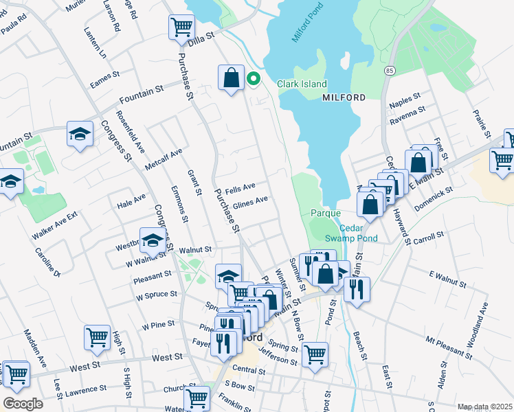 map of restaurants, bars, coffee shops, grocery stores, and more near 16 Mechanic Street in Milford