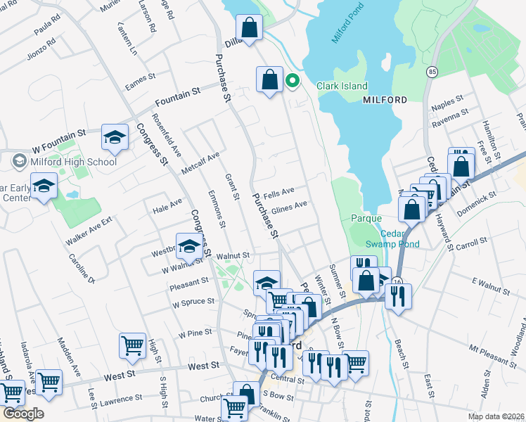 map of restaurants, bars, coffee shops, grocery stores, and more near 22 Purchase Street in Milford