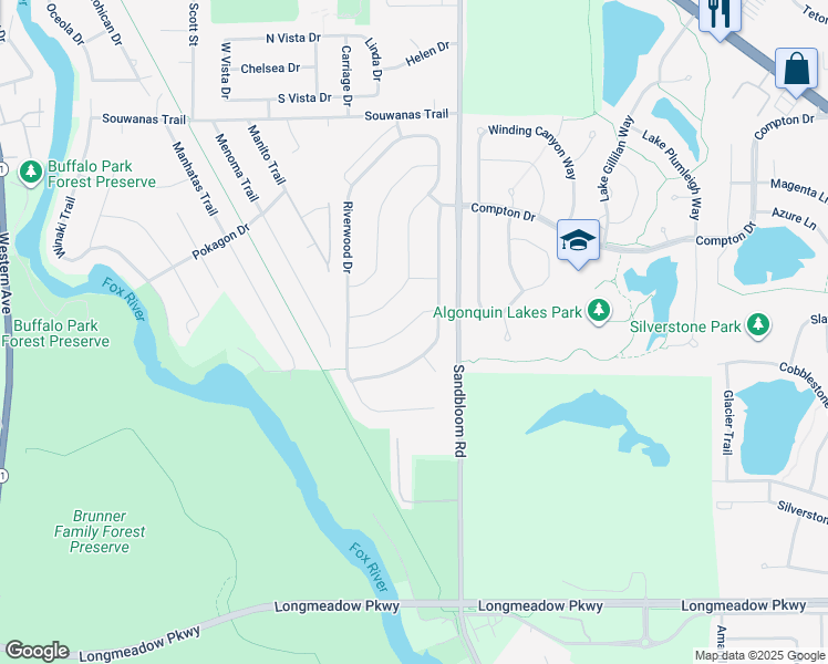 map of restaurants, bars, coffee shops, grocery stores, and more near 1525 Teri Lane in Algonquin