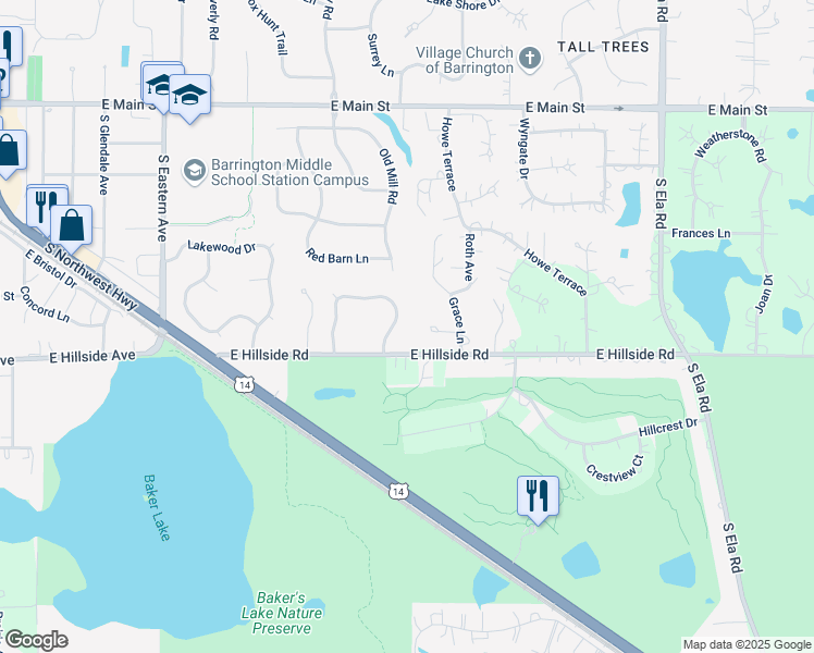 map of restaurants, bars, coffee shops, grocery stores, and more near 140 East Hillside Road in Barrington