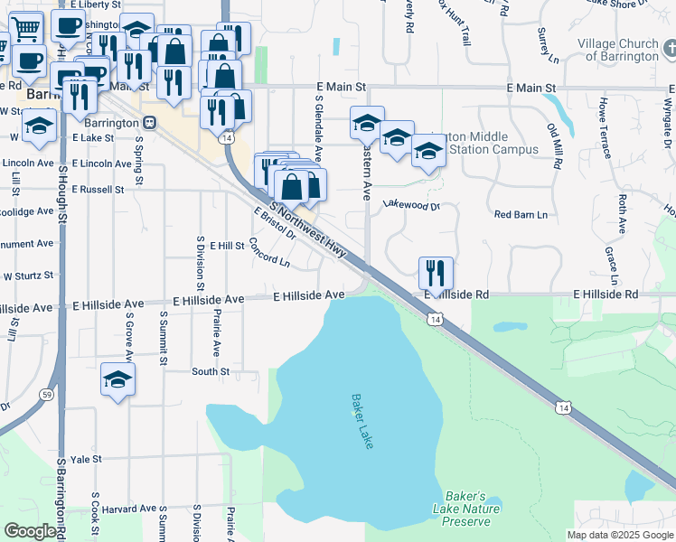 map of restaurants, bars, coffee shops, grocery stores, and more near 204 Queens Cove in Barrington