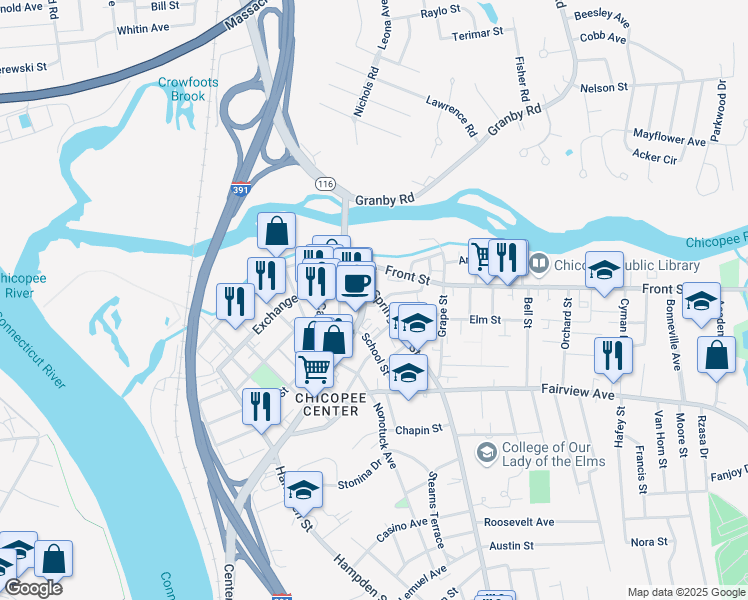map of restaurants, bars, coffee shops, grocery stores, and more near 82 Springfield Street in Chicopee