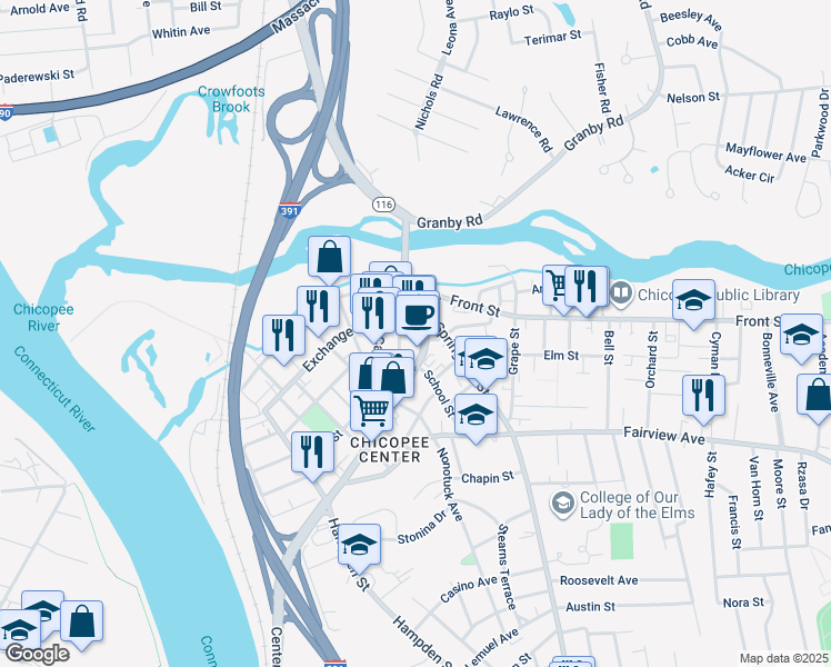 map of restaurants, bars, coffee shops, grocery stores, and more near 48 Center Street in Chicopee