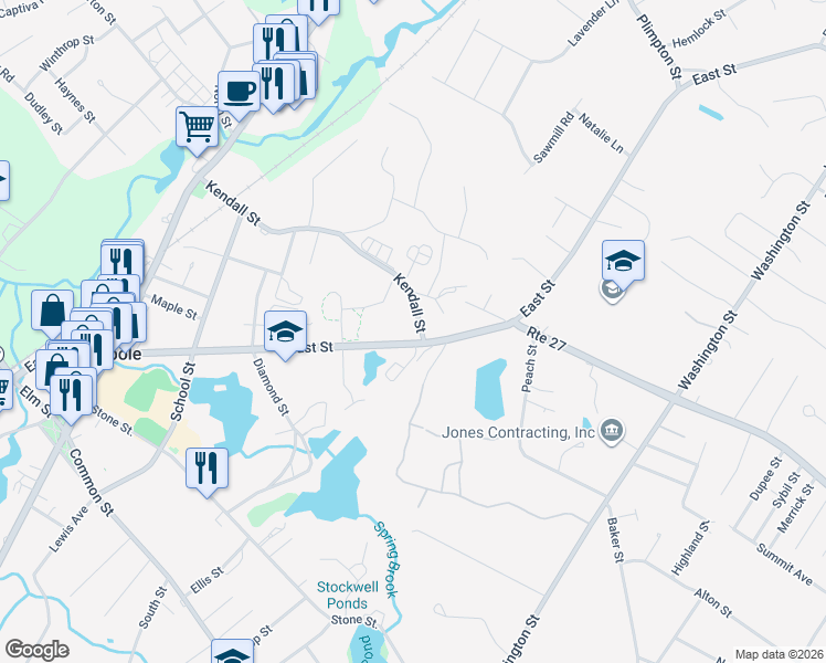 map of restaurants, bars, coffee shops, grocery stores, and more near 720 East Street in Walpole