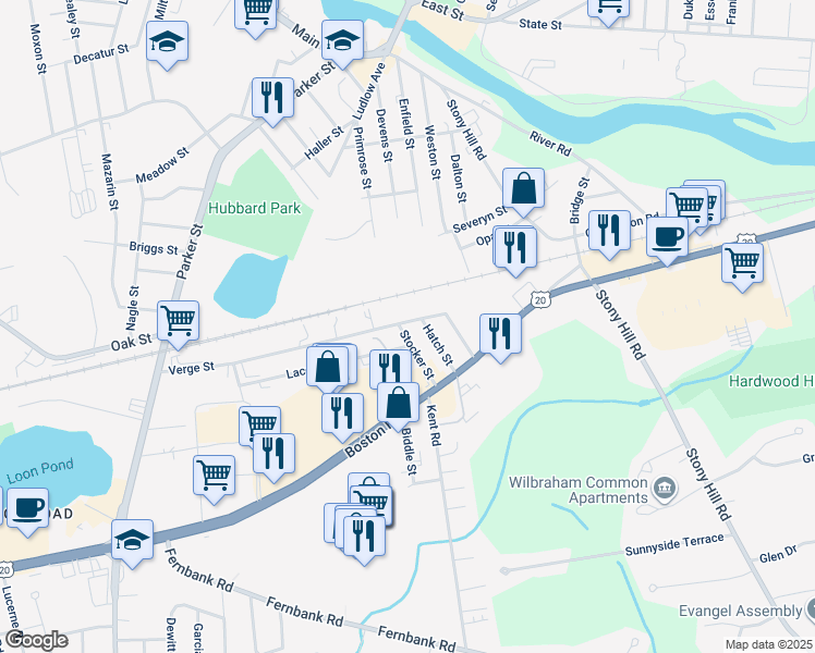 map of restaurants, bars, coffee shops, grocery stores, and more near 46 Stocker Street in Springfield