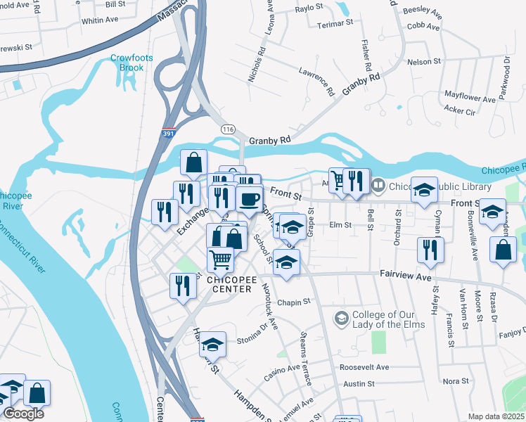 map of restaurants, bars, coffee shops, grocery stores, and more near 82 Springfield Street in Chicopee
