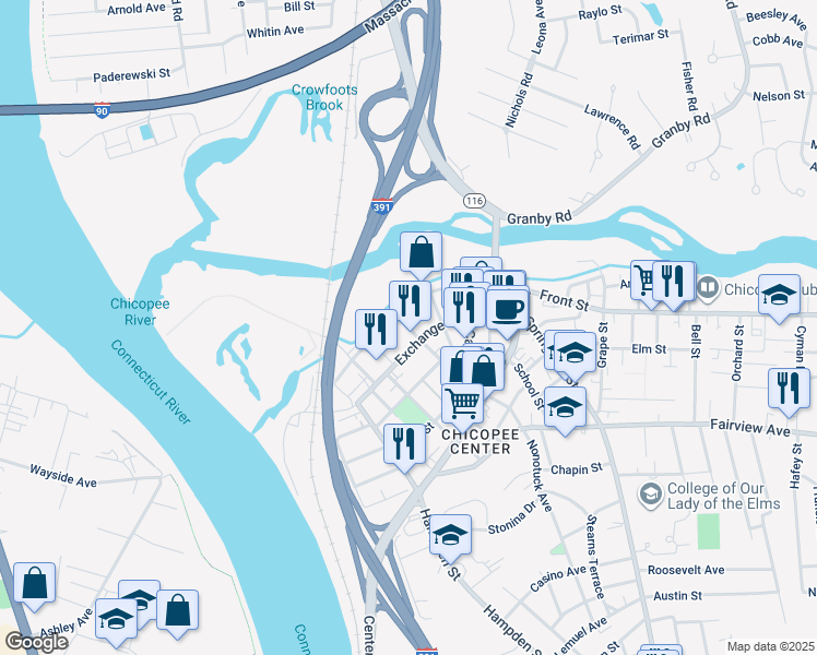 map of restaurants, bars, coffee shops, grocery stores, and more near 52 Dwight Street in Chicopee