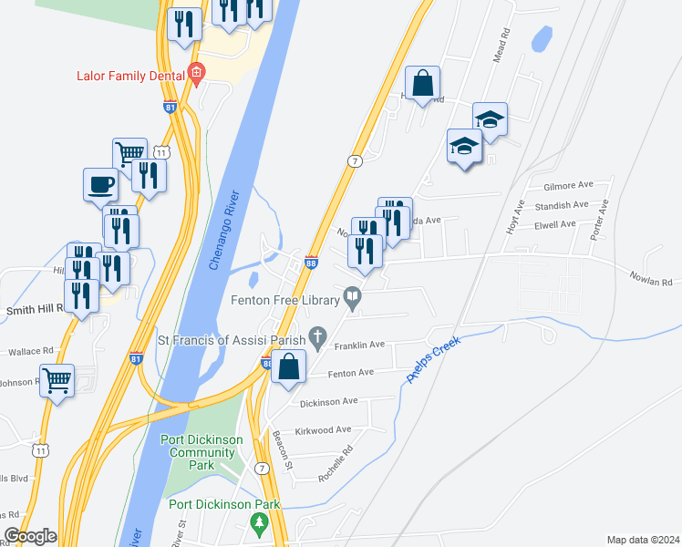 map of restaurants, bars, coffee shops, grocery stores, and more near 1075 Chenango Street in Binghamton