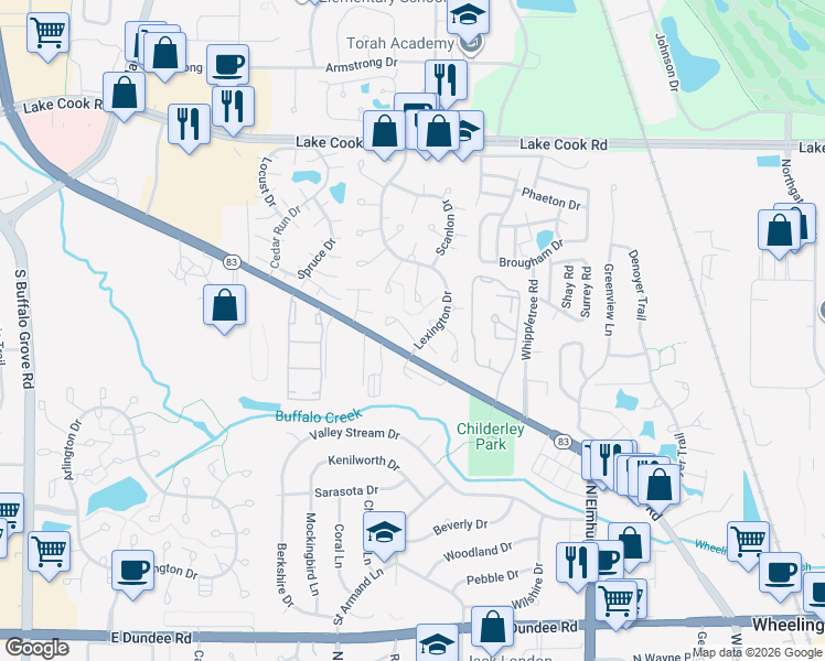 map of restaurants, bars, coffee shops, grocery stores, and more near 1059 Southbury Lane in Wheeling