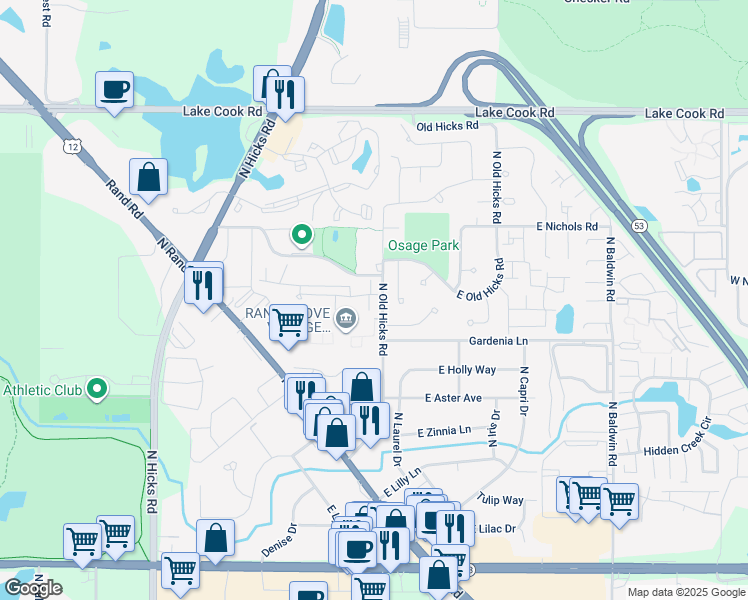 map of restaurants, bars, coffee shops, grocery stores, and more near 762 East Rand Grove Lane in Palatine