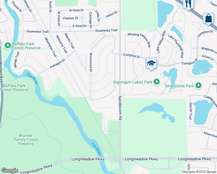 map of restaurants, bars, coffee shops, grocery stores, and more near 1525 Teri Lane in Algonquin