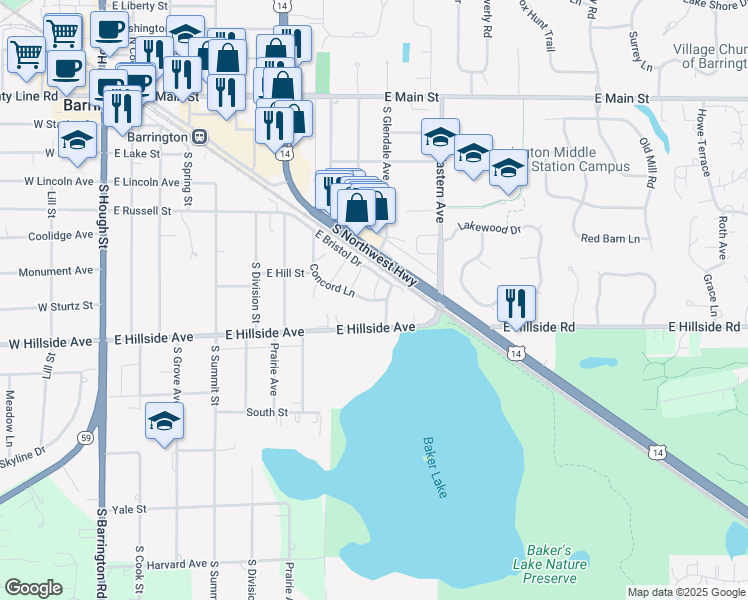 map of restaurants, bars, coffee shops, grocery stores, and more near 816 Concord Lane in Barrington