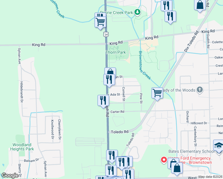 map of restaurants, bars, coffee shops, grocery stores, and more near 23887 Ada Street in Brownstown Charter Township