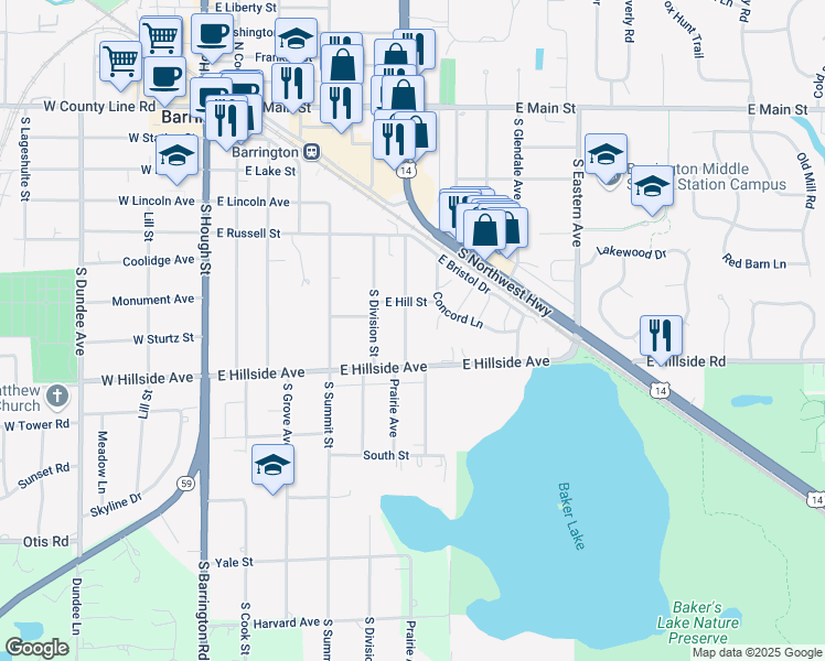 map of restaurants, bars, coffee shops, grocery stores, and more near 600 East Hillside Avenue in Barrington