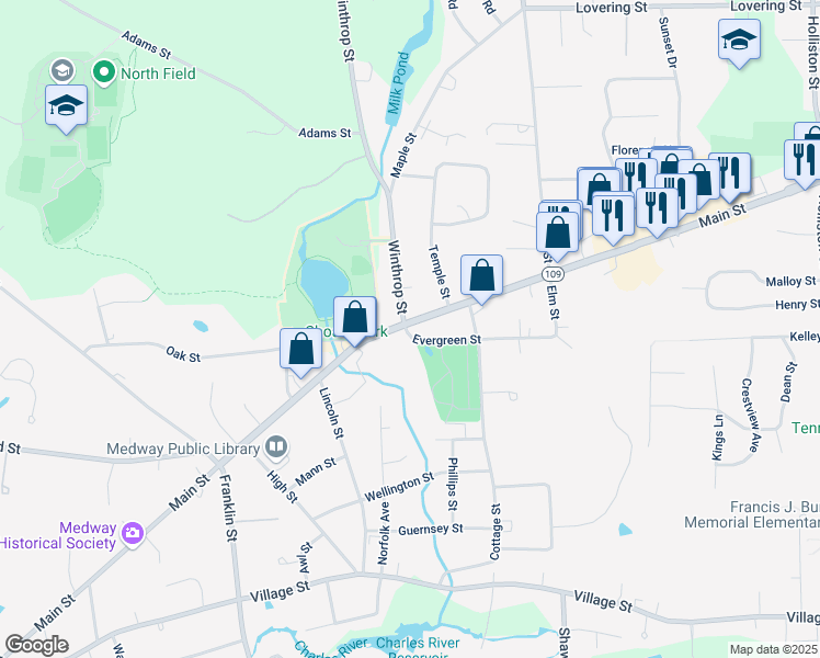map of restaurants, bars, coffee shops, grocery stores, and more near 153 Main Street in Medway