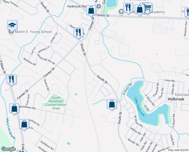 map of restaurants, bars, coffee shops, grocery stores, and more near 784 South Street in Holbrook
