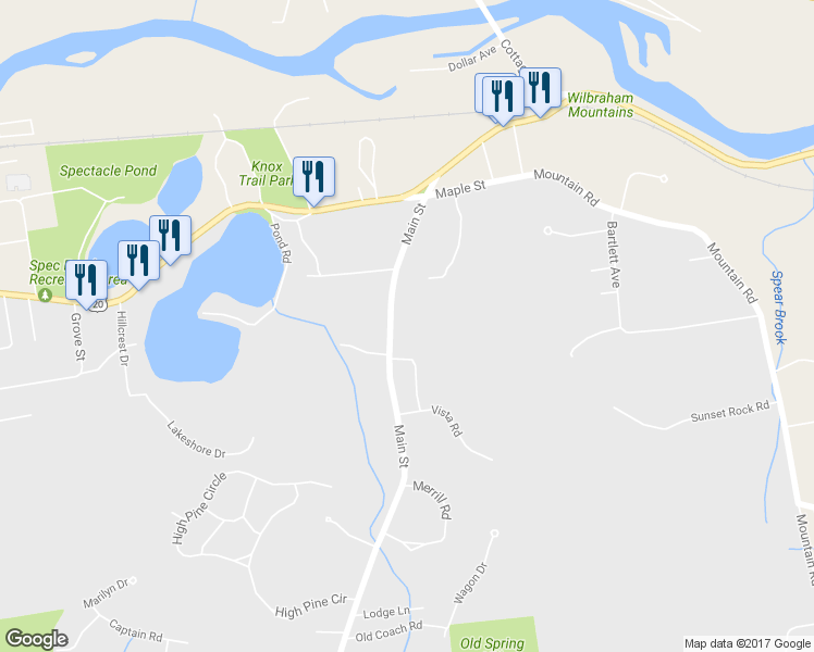 map of restaurants, bars, coffee shops, grocery stores, and more near 42 Main Street in Wilbraham
