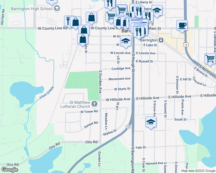 map of restaurants, bars, coffee shops, grocery stores, and more near 239 Monument Avenue in Barrington