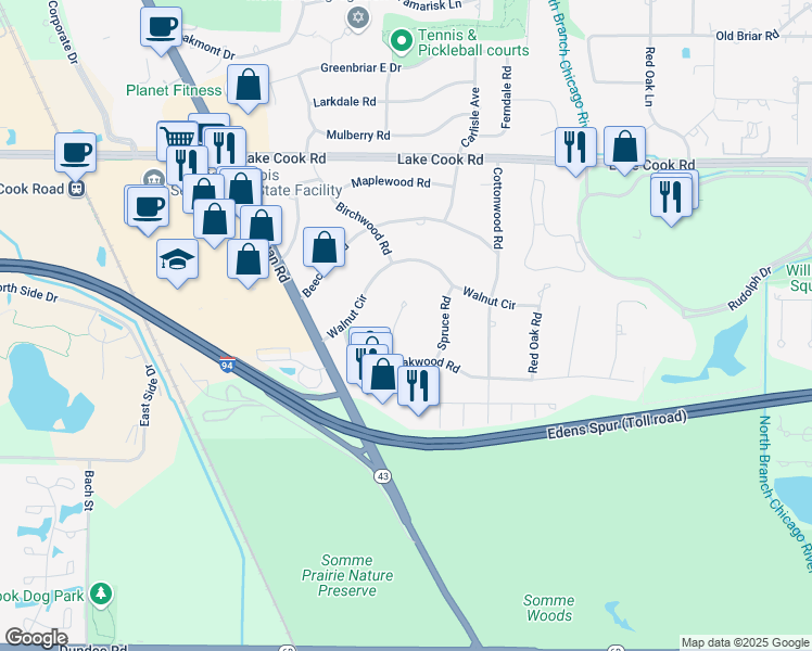 map of restaurants, bars, coffee shops, grocery stores, and more near 239 Elm Court in Northbrook