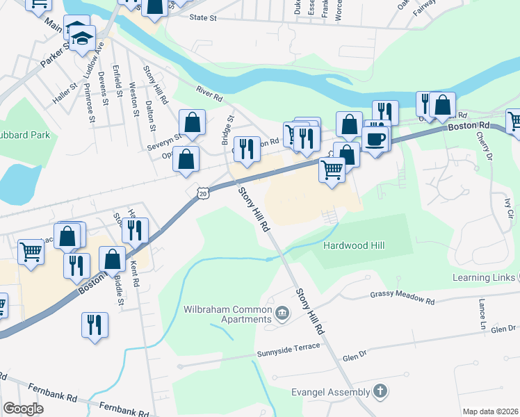 map of restaurants, bars, coffee shops, grocery stores, and more near 1993 Boston Road in Wilbraham