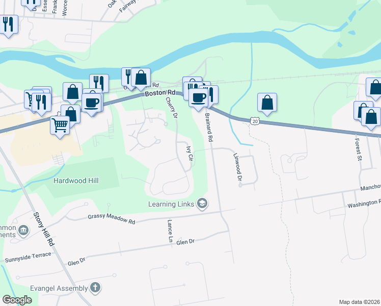 map of restaurants, bars, coffee shops, grocery stores, and more near 32 Ivy Circle in Wilbraham