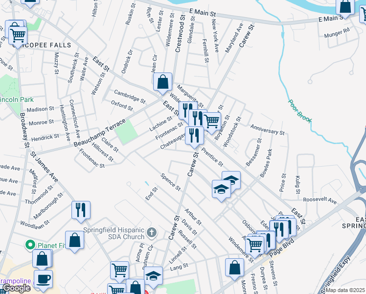 map of restaurants, bars, coffee shops, grocery stores, and more near 23 Chateaugay Street in Chicopee