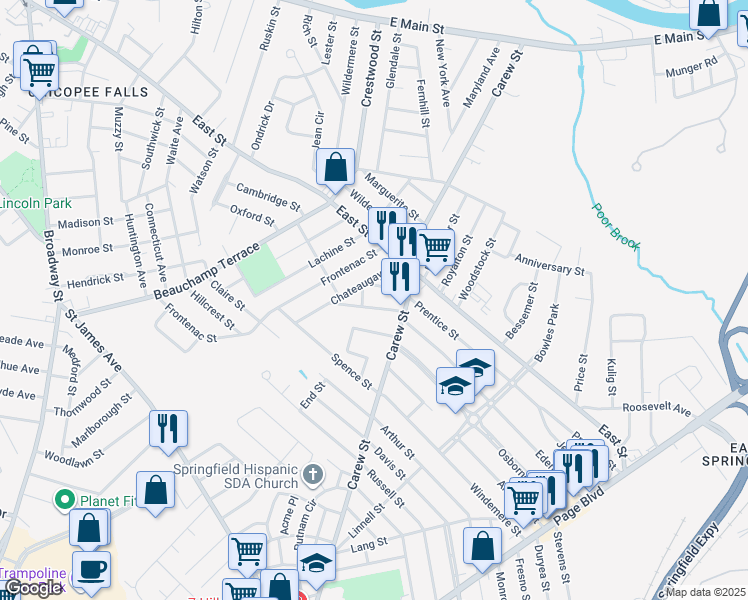 map of restaurants, bars, coffee shops, grocery stores, and more near 23 Chateaugay Street in Chicopee