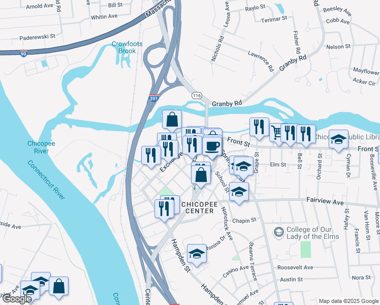map of restaurants, bars, coffee shops, grocery stores, and more near 203 Exchange Street in Chicopee