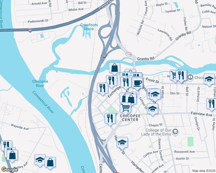 map of restaurants, bars, coffee shops, grocery stores, and more near 165 Front St in Chicopee