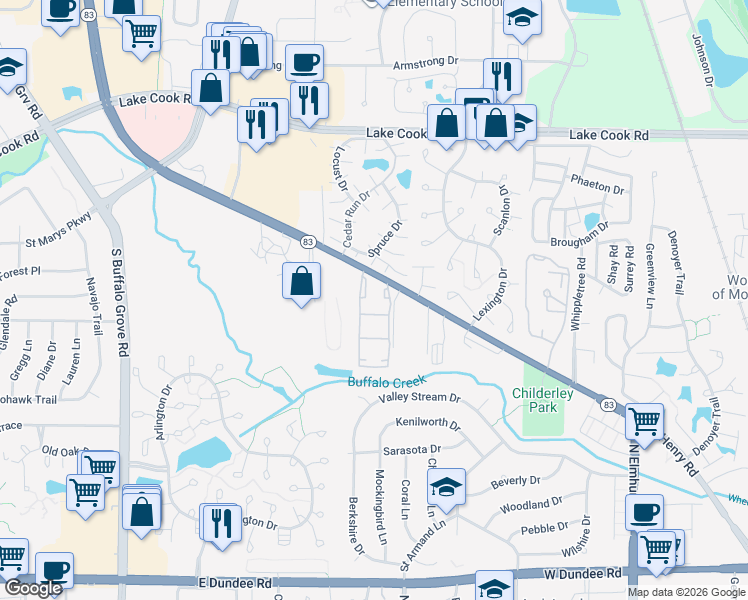 map of restaurants, bars, coffee shops, grocery stores, and more near 450 Manda Lane in Wheeling