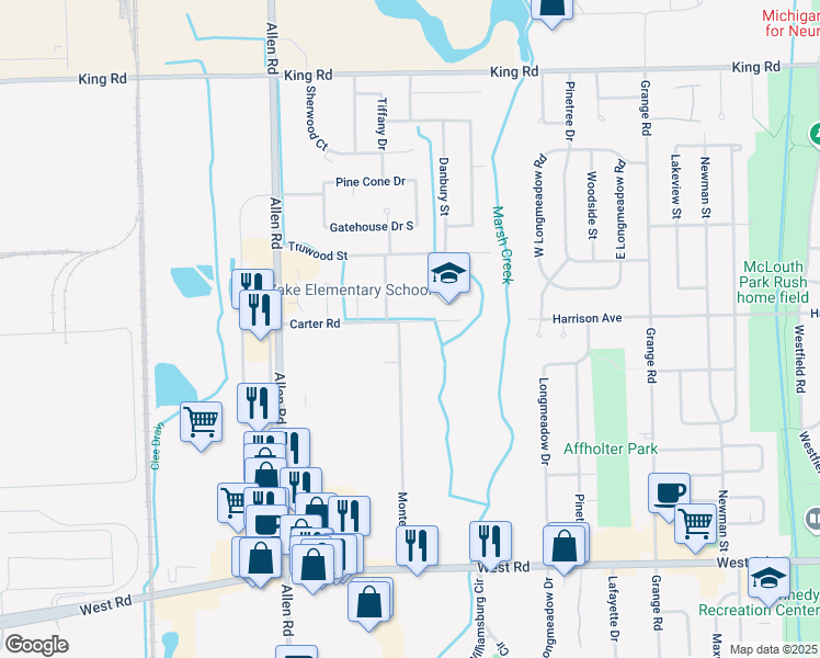 map of restaurants, bars, coffee shops, grocery stores, and more near 22067 Monterey Drive in Woodhaven