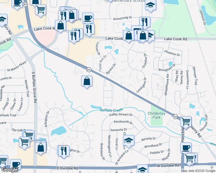 map of restaurants, bars, coffee shops, grocery stores, and more near 450 Manda Lane in Wheeling