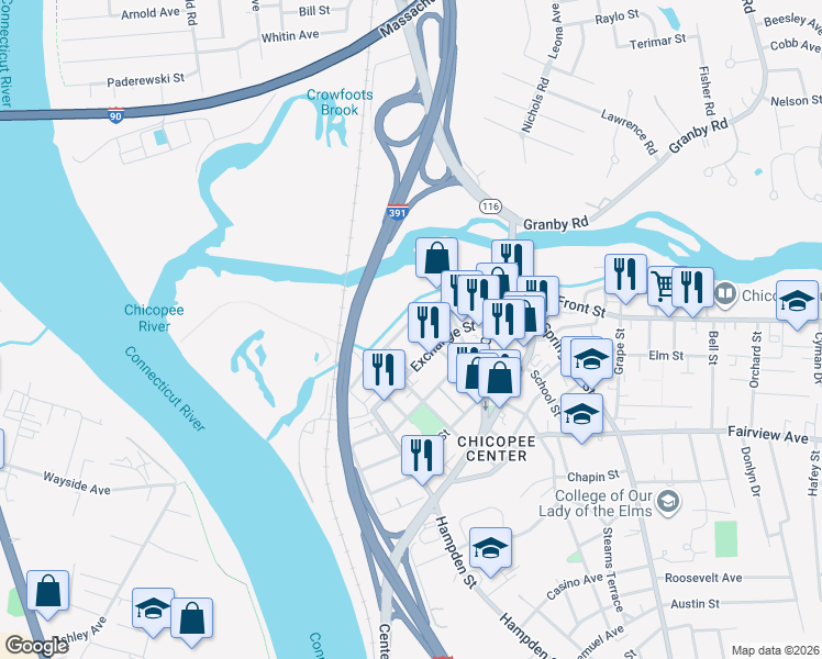 map of restaurants, bars, coffee shops, grocery stores, and more near 165 Front St in Chicopee