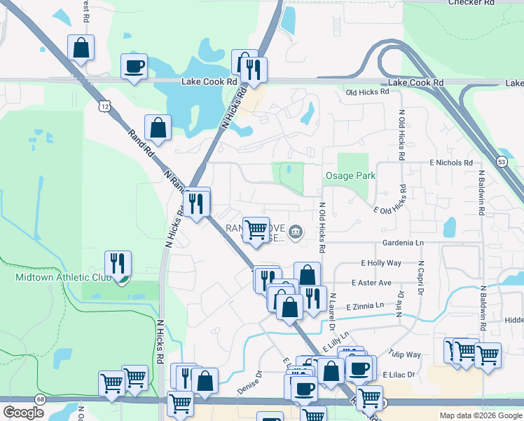 map of restaurants, bars, coffee shops, grocery stores, and more near 683 East Whispering Oaks Drive in Palatine