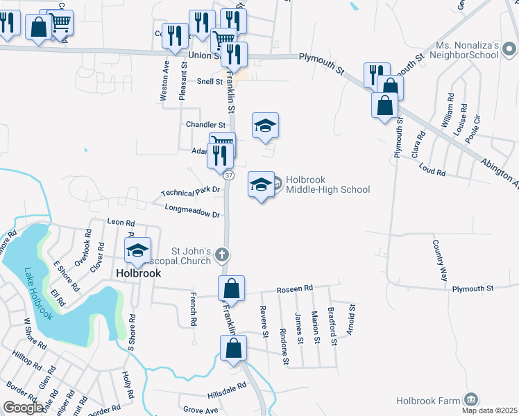 map of restaurants, bars, coffee shops, grocery stores, and more near 245 South Franklin Street in Holbrook