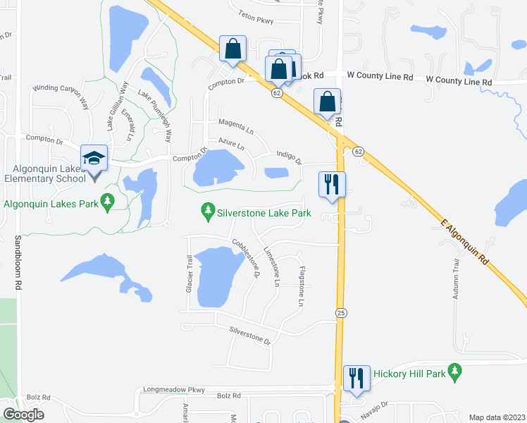 map of restaurants, bars, coffee shops, grocery stores, and more near 6754 Slate Drive in Carpentersville