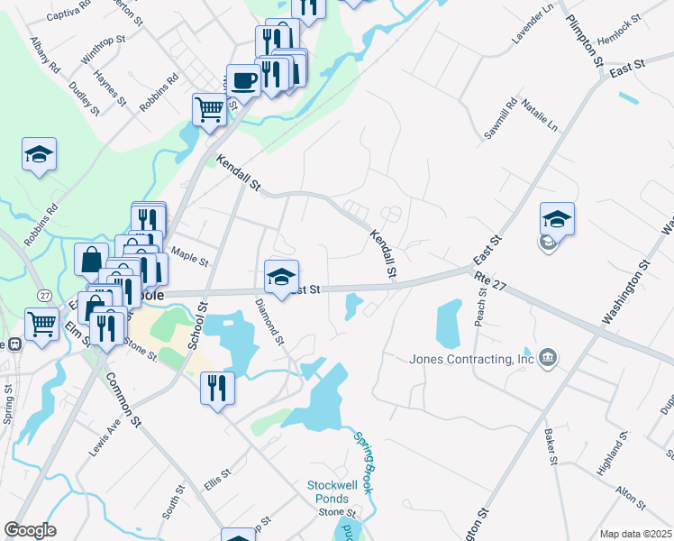 map of restaurants, bars, coffee shops, grocery stores, and more near 767 East Street in Walpole