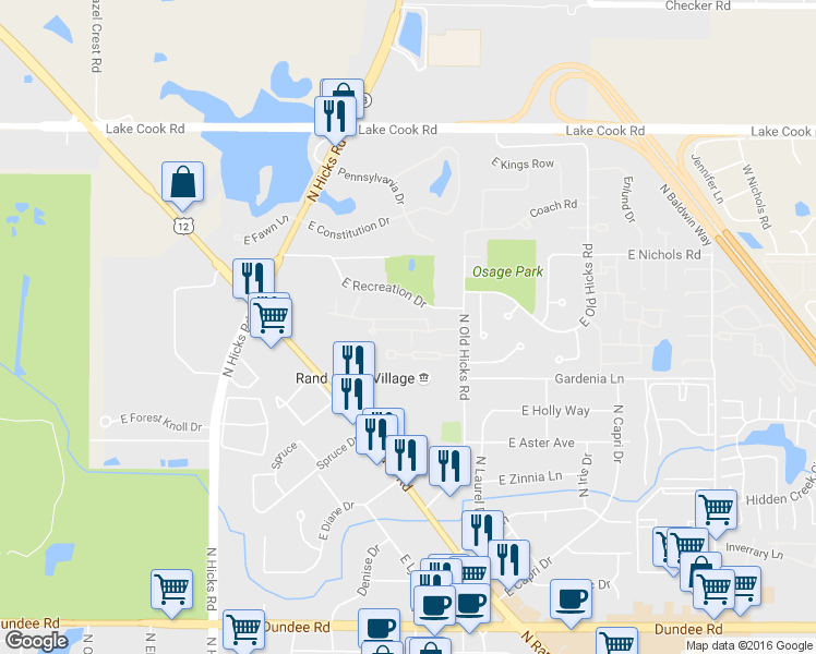 map of restaurants, bars, coffee shops, grocery stores, and more near 754 East Whispering Oaks Court in Palatine