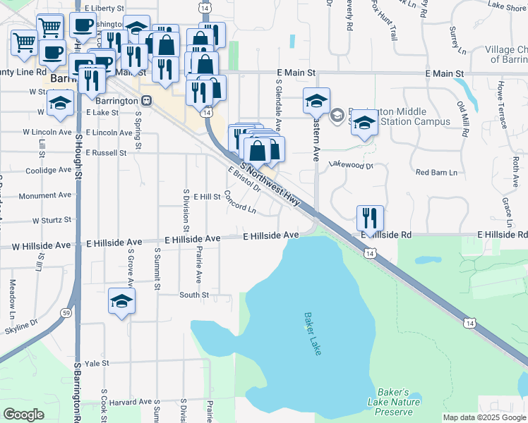 map of restaurants, bars, coffee shops, grocery stores, and more near 792 Concord Lane in Barrington