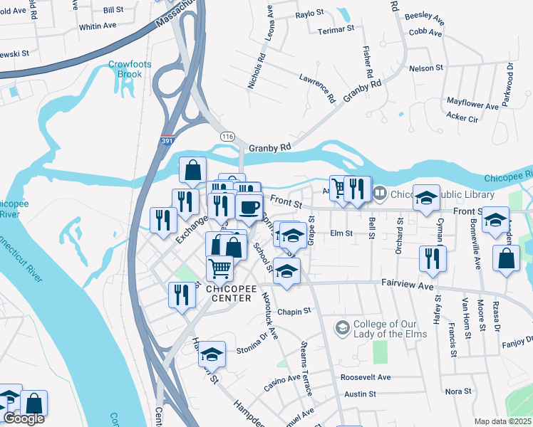 map of restaurants, bars, coffee shops, grocery stores, and more near 288 Front Street in Chicopee