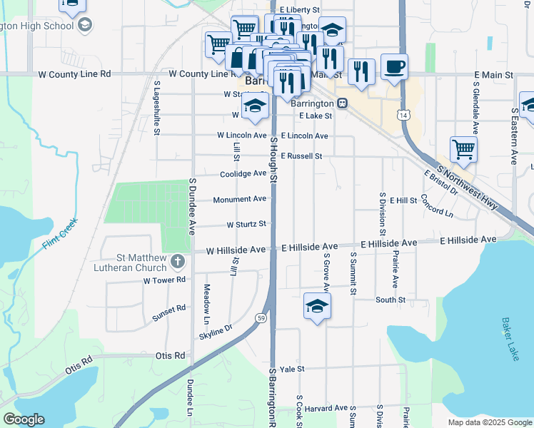 map of restaurants, bars, coffee shops, grocery stores, and more near 620 South Hough Street in Barrington