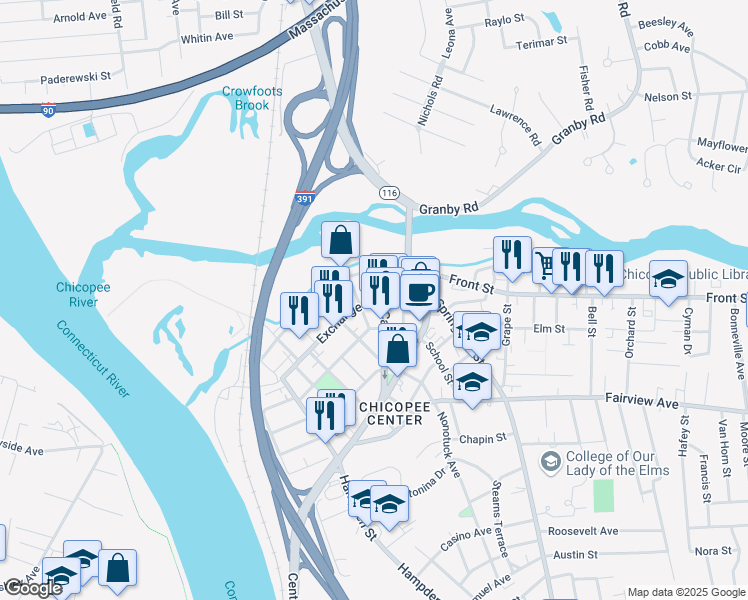 map of restaurants, bars, coffee shops, grocery stores, and more near 203 Exchange Street in Chicopee