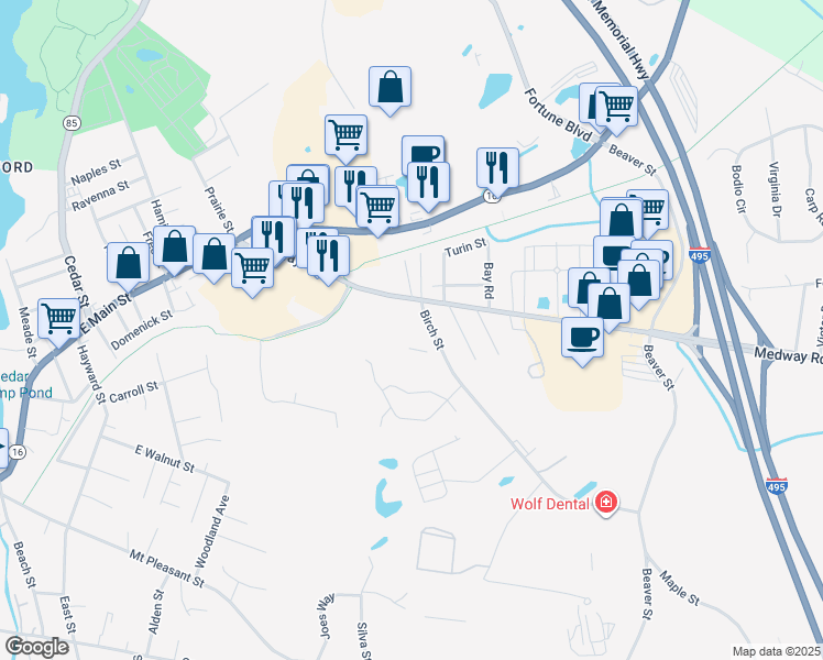 map of restaurants, bars, coffee shops, grocery stores, and more near 11 Birch Street in Milford