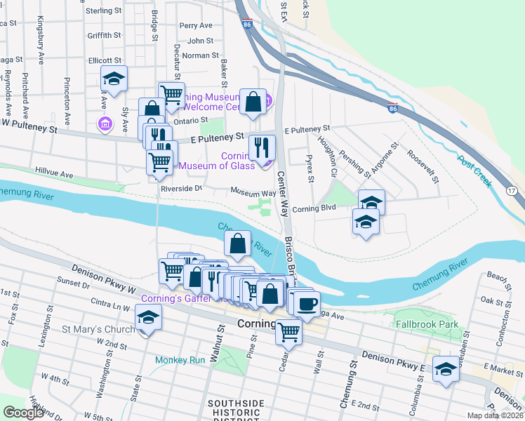map of restaurants, bars, coffee shops, grocery stores, and more near 127 Center Way in Corning