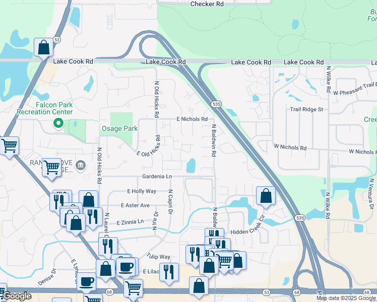 map of restaurants, bars, coffee shops, grocery stores, and more near 2014 North Hancock Court in Palatine