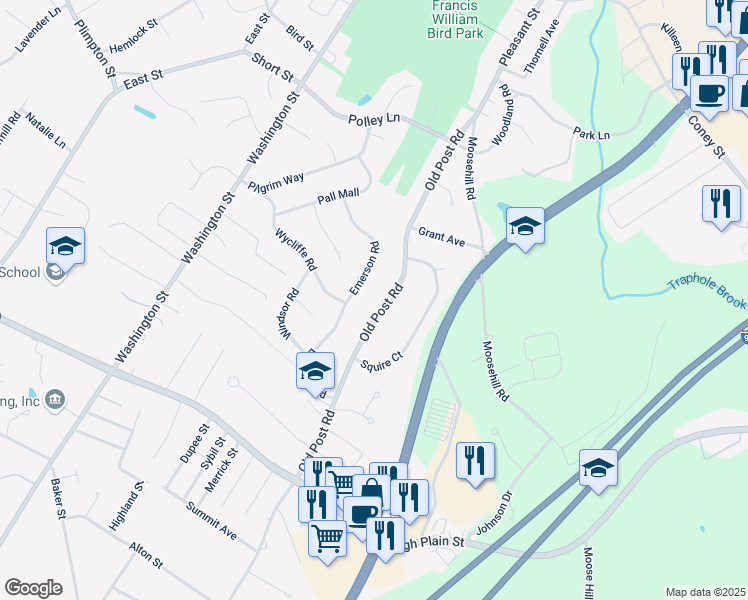 map of restaurants, bars, coffee shops, grocery stores, and more near 47 Old Post Road in Walpole
