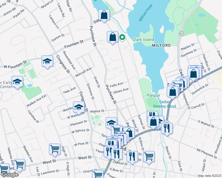 map of restaurants, bars, coffee shops, grocery stores, and more near 10 Fells Avenue in Milford