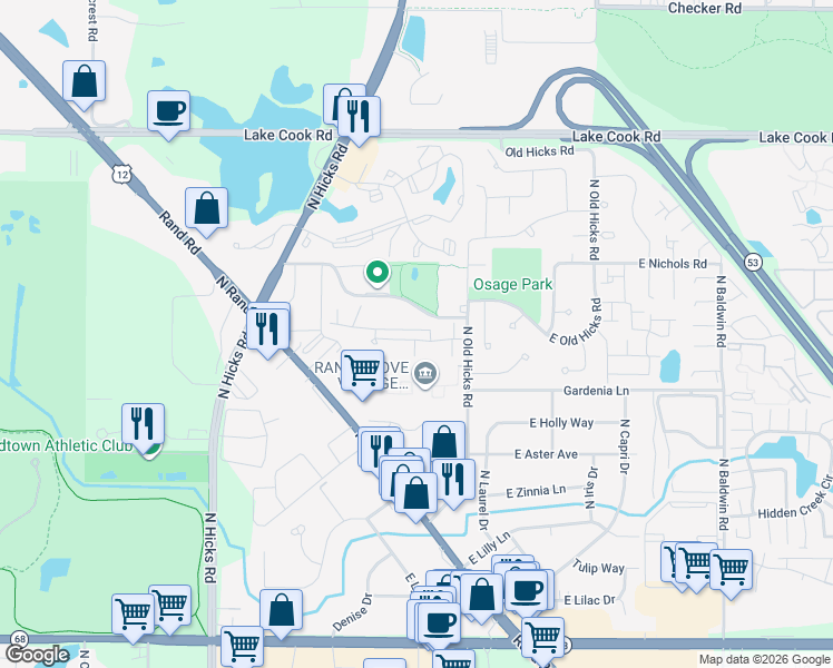 map of restaurants, bars, coffee shops, grocery stores, and more near 760 East Whispering Oaks Drive in Palatine